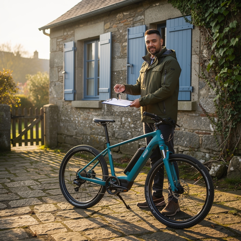 Livraison d'un vélo électrique devant un gîte breton